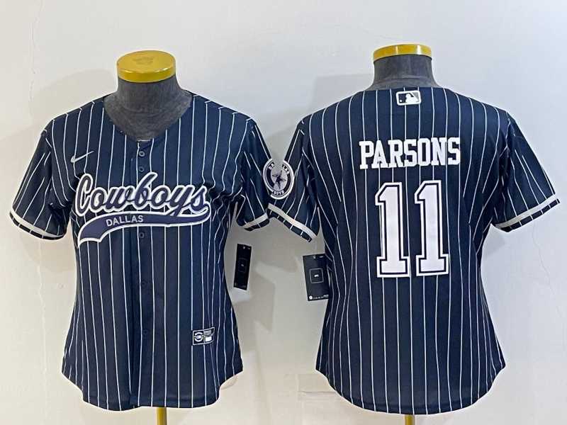 Women%27s Dallas Cowboys #11 Micah Parsons Navy Blue Pinstripe With Patch Cool Base Stitched Baseball Jersey